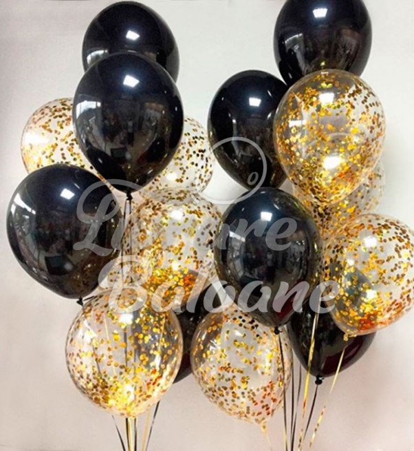 Черные гелиевые воздушные шары и золотые конфетти—набор для дня рождения (LB-11012)