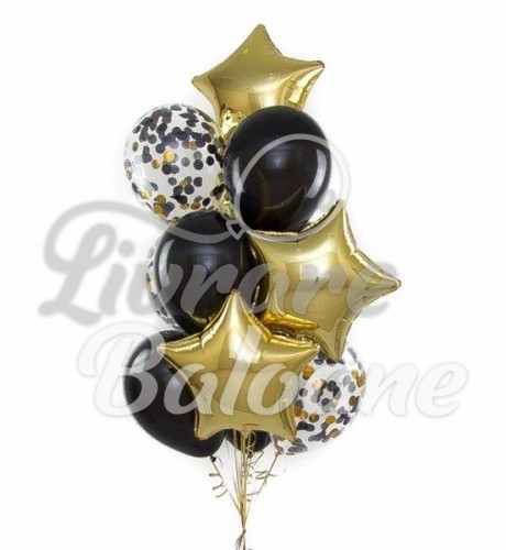 Букет из воздушных шаров_Золотые звёзды и воздушные шары с конфетти (LB-11015)
