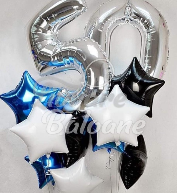 Buchet de Baloane Argintii cu Cifre și Steluțe (LB-11021)