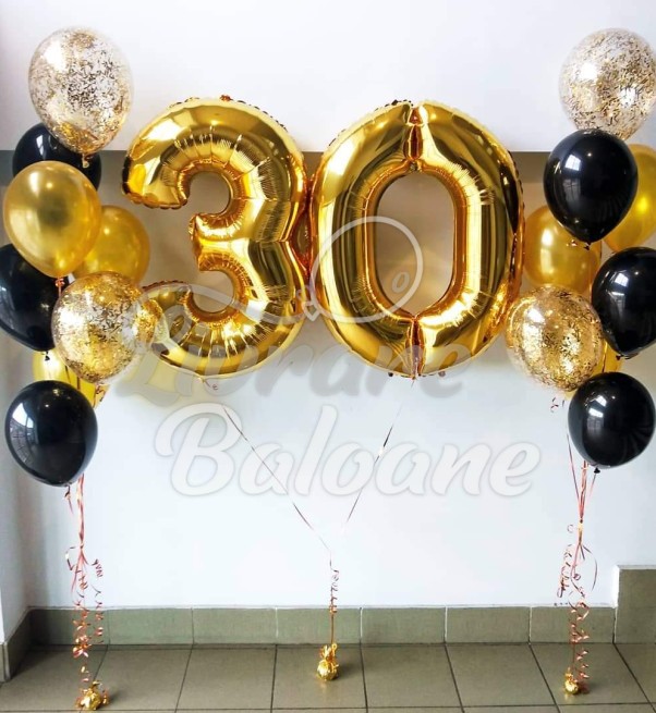 Букет из золотых и черных воздушных шаров для вечеринки с конфетти и цифрами 30 (LB-11024)