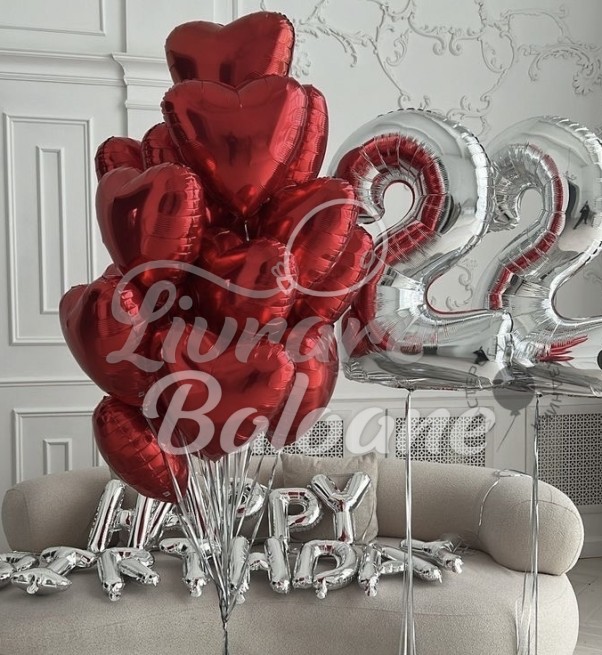 Buchet inimioare roşii şi cifre argintii (LB-12024)