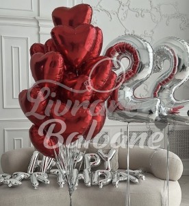 Buchet inimioare roşii şi cifre argintii (LB-12024)