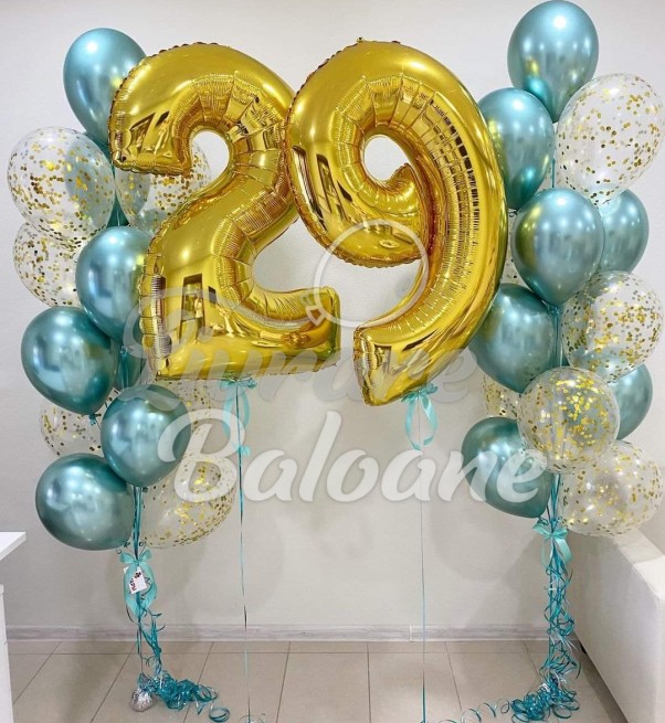 Набор воздушных шаров на 29-й день рождения - золотые цифры и элегантный букет премиум-класса (LB-11026)