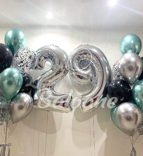 Buchet Baloane cu Heliu 29 Argintiu Negru și Verde (LB-11029)