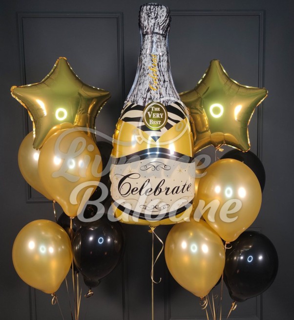 Aranjament Baloane Happy Birthday cu Sticlǎ Șampanie (LB-11035)