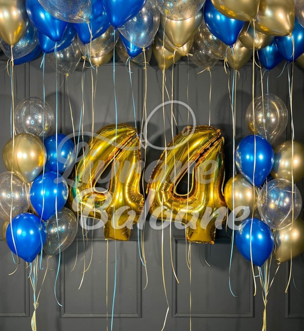 Baloane cu Heliu 44 Ani Auriu, Albastru și Confetti (LB-11036)