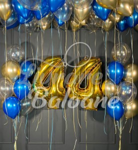 Воздушные шары с гелием на 44-й день рождения_золотые, синие и с конфетти (LB-11036)