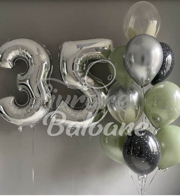 Set Aniversar 35 Ani cu Baloane Argintii Chrome, Verzi și Negre (LB-11038)