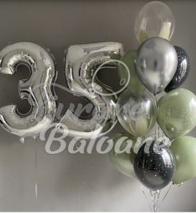 Юбилейный набор к 35-летию с хромированными серебристыми, зелеными и черными воздушными шарами (LB-11038)