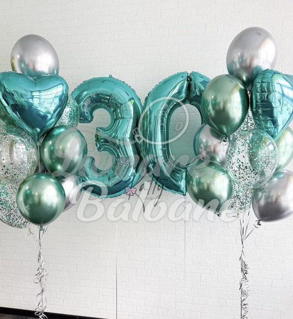 Aranjament Baloane Barbați 30 Ani Verde cu Inimi (LB-11039)