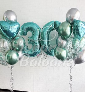 Композиция из воздушных шаров_Мужчины_30 лет Зеленый с сердечками (LB-11039)