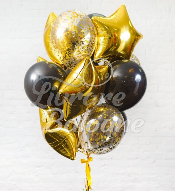 Букет из золотых и черных гелиевых воздушных шаров со звездами и конфетти (LB-11003)