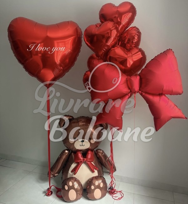 Set Baloane cu Ursuleț Teddy și Inimi_Decor Romantic Premium (LB-16067)