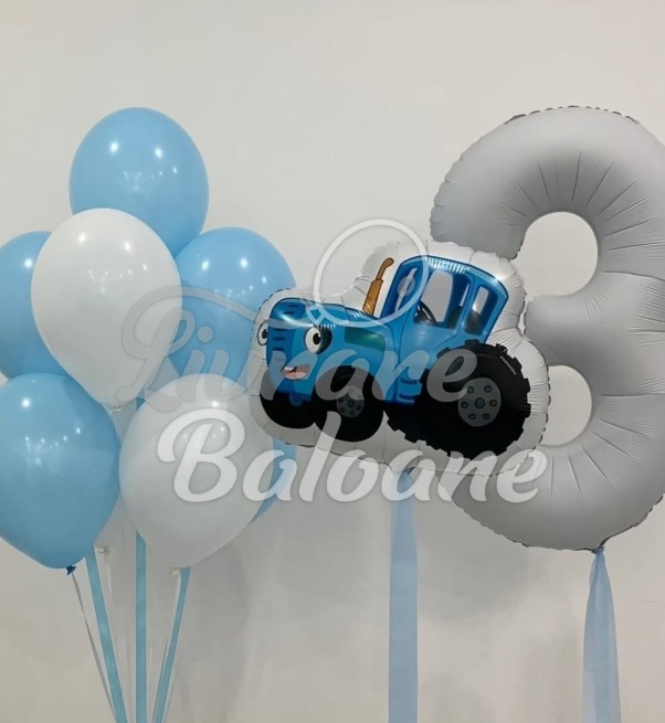 Set Baloane cu Tractor Albastru și Cifra 3 - Zi de Naștere Bǎiețel (LB-130025)