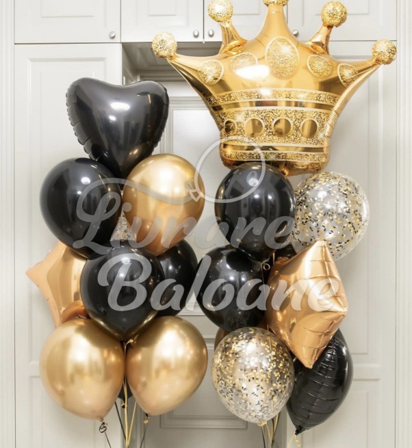 Золотые и черные гелиевые воздушные шары + золотая корона (LB-11056)