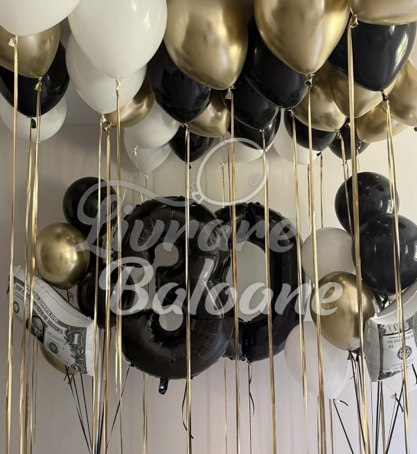 Набор шаров на 30 лет – белый, чёрный и золотой с цифрами и деньгами (LB-11058)