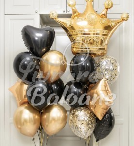 Baloane cu Heliu Auriu și Negru + Coronițǎ Aurie (LB-11056)