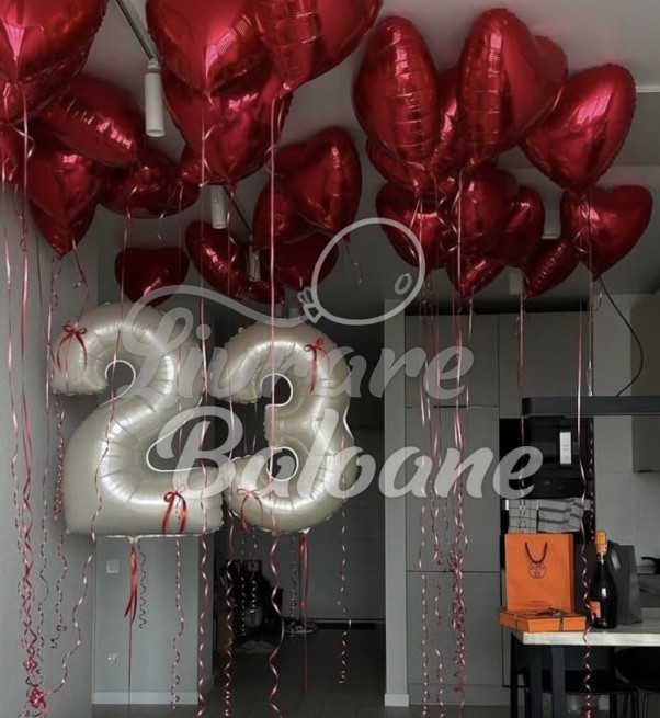 Set Baloane Premium_23 Romantic Red_Inimi Roșii & Cifre Argintii cu Heliu (LB-12083)