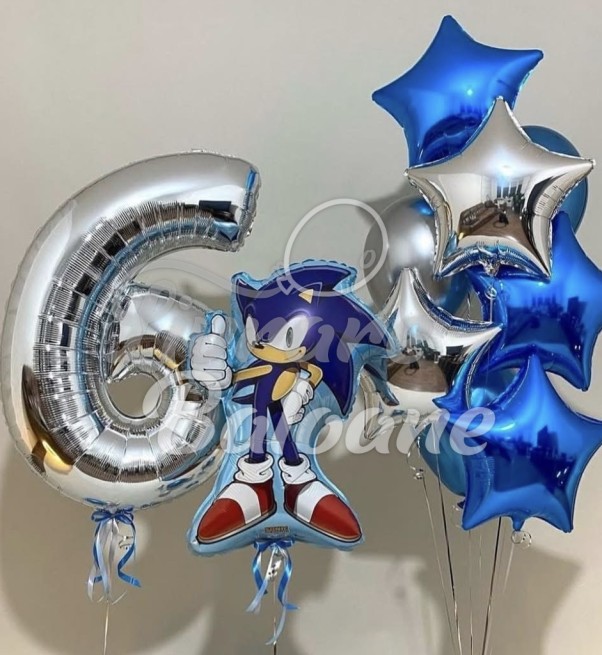 Set Baloane cu Heliu "SONIC" - Cifrǎ 6 Argintie + Personaj Sonic + Stele Albastre și Argintii (LB-130030)
