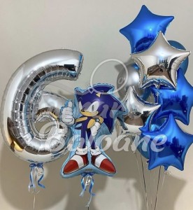 Set Baloane cu Heliu "SONIC" - Cifrǎ 6 Argintie + Personaj Sonic + Stele Albastre și Argintii (LB-130030)